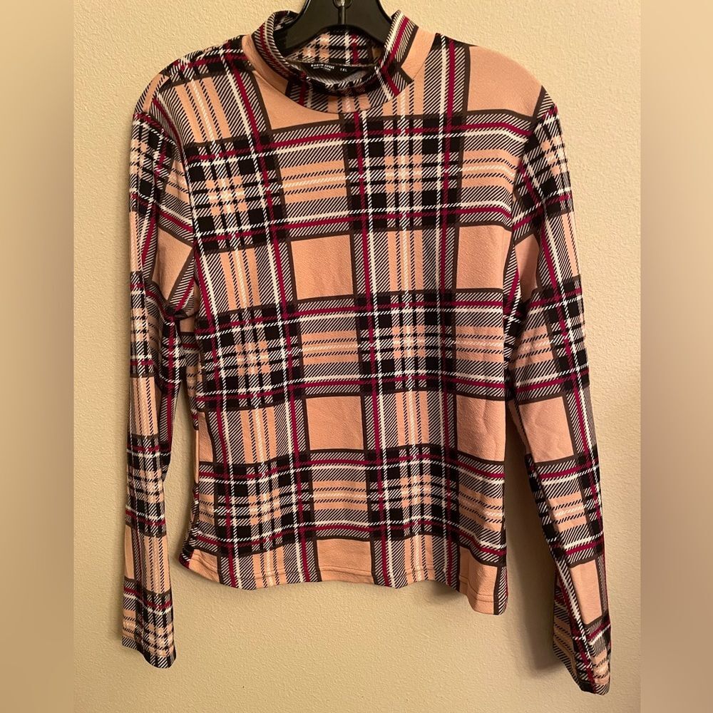Plaid mock neck knit top 1XL